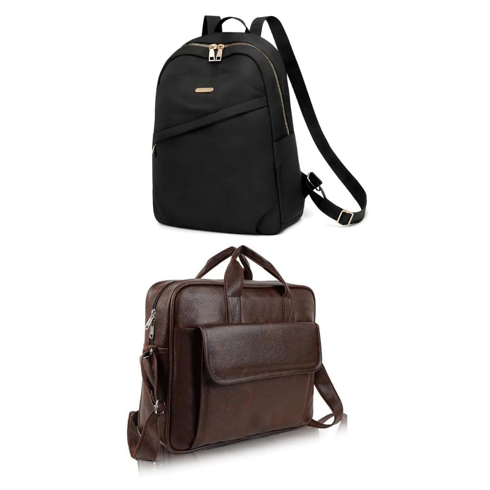 2 Bag Set – Black Stylish Backpack for Women & Brown 15.6 Inch Laptop Office Bag for Men & Women | Water Resistant Faux Leather College, Work & Travel Bags with Spacious Multi Compartments-image-36