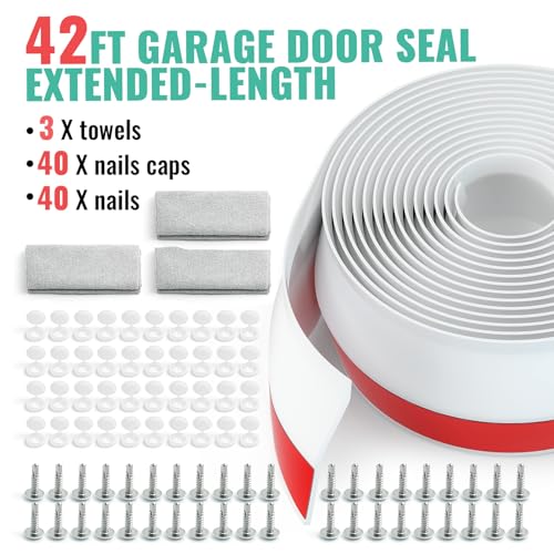 Garage Door Seal Top and Sides - 42FT Universal TPE Weather Stripping Door Seal with Adhesive Backed, Heavy Duty Garage Door Weather Stripping with Nails and Lids, Light White, Pack by OSAMEDA - Image 3