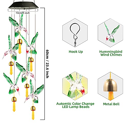 Idefair Solar Wind Chimes with Waterproof for Outside Hummingbird Windchime with 6 Metal Bells,7 Colors-waterproof Decorative LED Lights,29\'\' Waterproof Hanging Chimes for Home/Garden/Yard/Patio Decor
