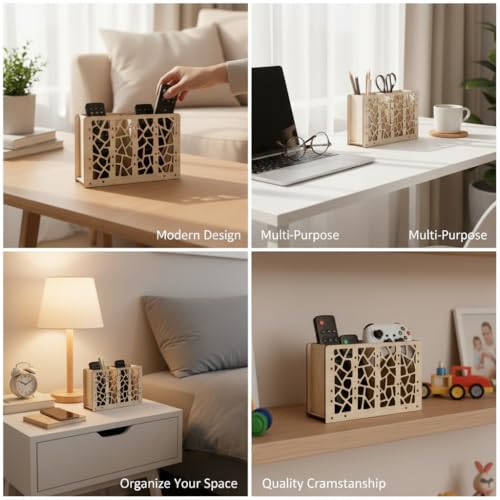 Image of Wooden Remote Organizer - Decorative 4 Slot Remote Holder for Table TV Remote Control Caddy for Living Room 7 x 5 x 2.5 Inches