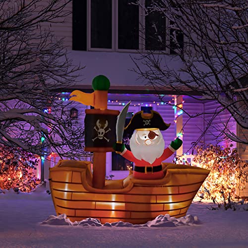 Nifti Nest 7 Ft Long X 6 Ft Tal Christmas Inflatable Decorations With Pirate Santa On A Wooden Flag Ship, Inflatable Santa Outdoor Decoration With Led Lights, Christmas Blowups Outdoor Yard Decoration #TOP2