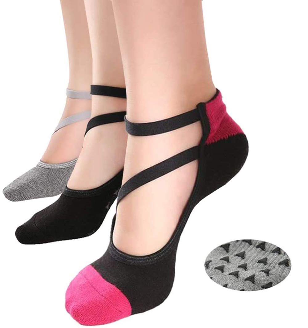 Eagool Yoga Socks for Women Non-Slip Grips & Straps, Ideal for Pilates, Pure Barre, Ballet, Dance, Barefoot Workout (Black, gray, red)