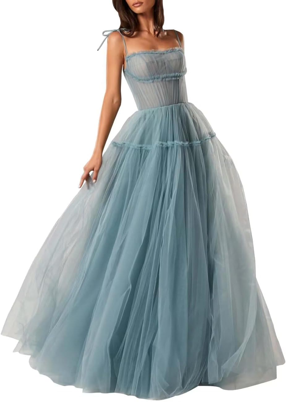 Spaghetti Straps Prom Dresses Tulle Long Formal Evening Party Gowns for Women Backless Bridesmaid Dress A-Line Dress