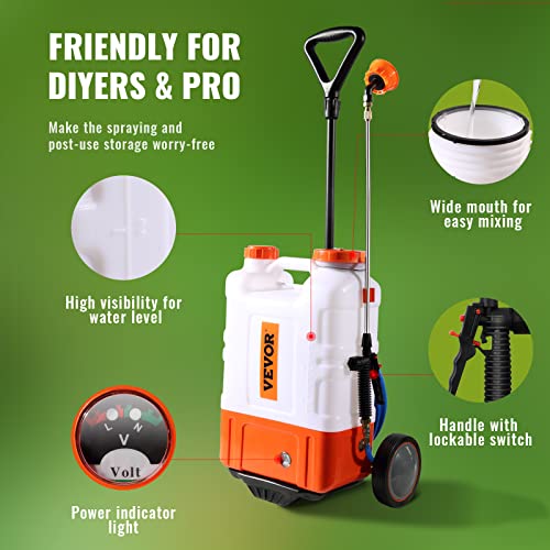 VEVOR 4 Gallon Battery Powered Backpack Sprayer with Wheeled Cart, Adjustable 0-94 PSI, 13FT Hose, 6 Nozzles, 2 Wands Included, Wide Mouth Lid for Weeding, Cleaning, Long Spray Time, White+Orange