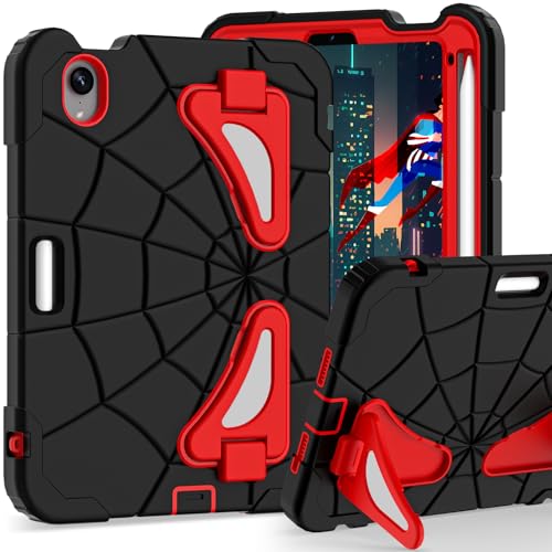 Etui dziecięce do iPada Mini 7 A17 Pro 2024/ Mini 6 21.1 cm, etui Spider do iPada Mini 7. 6. generacji, odporne na wstrząsy, trwałe, pełna osłona ochronna, z uchwytem na rysik, podpórka, czarne i
