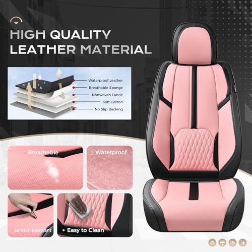 Image of Coverado Leather Seat Cover Full Set, Waterproof Car Seat Covers with Lumbar Support, Front and Rear Seat Covers for Car, Universal Car Seat Protectors Car Seat Cushion Fit for Most Cars (Black&Pink)
