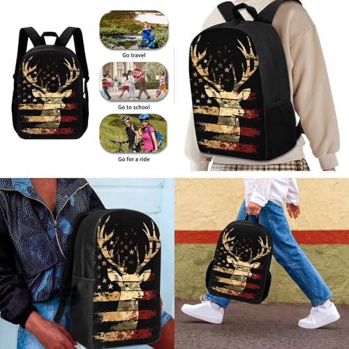 FKELYI American Flag Deer Backpack for Boys Kids 12-14 Large Capacity 17 Inch Schoolbag for Study Travel 3 Piece Bookbag Set with Lunch Box and Pencil Box4