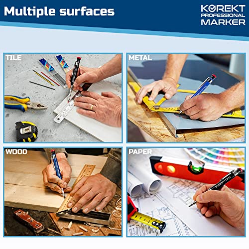Korekt Professional Marker, All Metal Mechanical Carpenter Pencil With 12 Refills, Heavy Duty Welder Pencil With Built-In Sharpener, Lead Holder With Long Nose For Deep Hole Marking #TOP5
