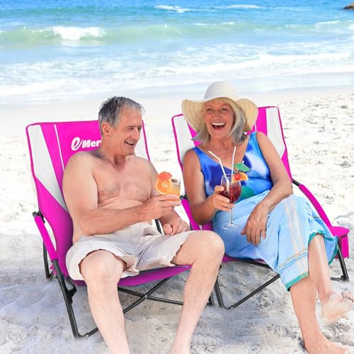 Image of EMERIT Low Beach Chairs for Adults with Removable UPF 50+ Umbrella, Lightweight Folding Backpack Camping Chair with Cup Holder, Portable Sand Chair for Beach, Picnic, Lawn