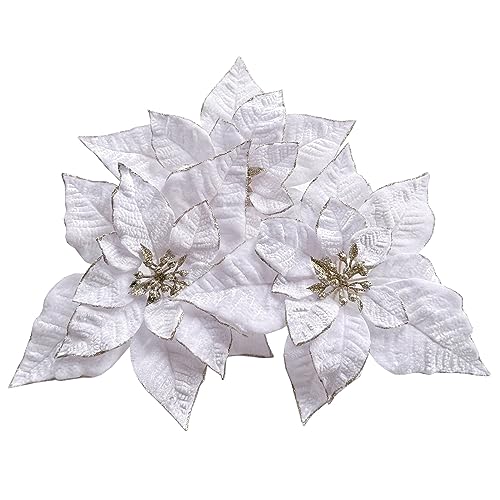 M2cbridge Artificial Christmas Flowers Red Velvet Poinsettia Floral Picks for Christmas Wreath Tree Ornaments(4pcs Extra Large White) - Image 2