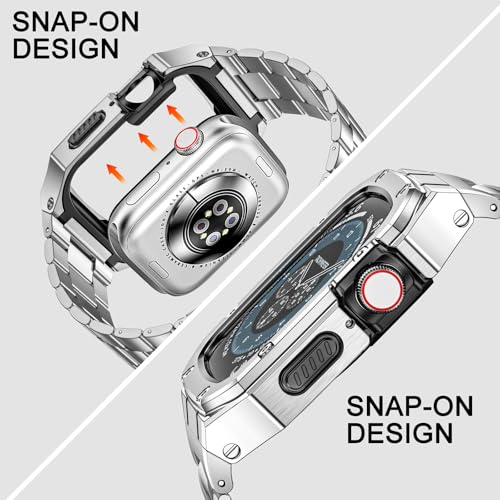 Image of BAITEYOU Stainless Steel Watch Band with Case Compatible with Apple Watch Series 11 10 46mm, Rugged Strap with Metal Protective Bumper Cover for iWatch Bands Men (Silver)