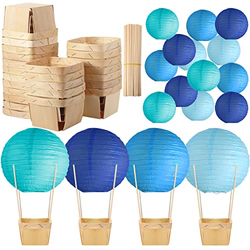 Paniers en bois pour montgolfière de prestige avec lanternes en papier bleu