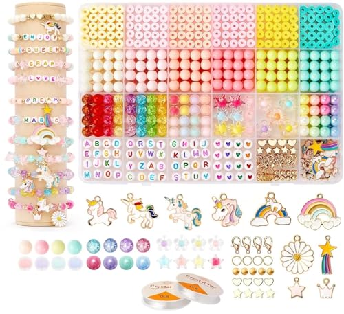 LAKHESHWAR Clay Beads for Jewellery Making Kit Kids Girls Macaron Color Pastel Pearl Round Beads Letter Beads with Unicorn Pendants, Crystal Star Flower Hair Beads for Bracelet Making DIY Crafts (DIY Bead Kit,1)