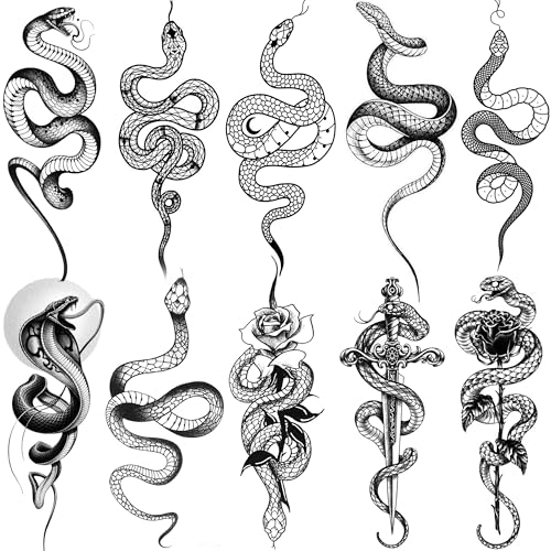 Goromon 10 Sheets Realistic Snake Temporary Tattoos For Women Men Forearm Arm Sexy 3D Tribal Cobra Mamba Viper Serpent Tattoos Temporary Adults Kids Fake Tattoos Sticker Black Sword Rose Flower Tatoos