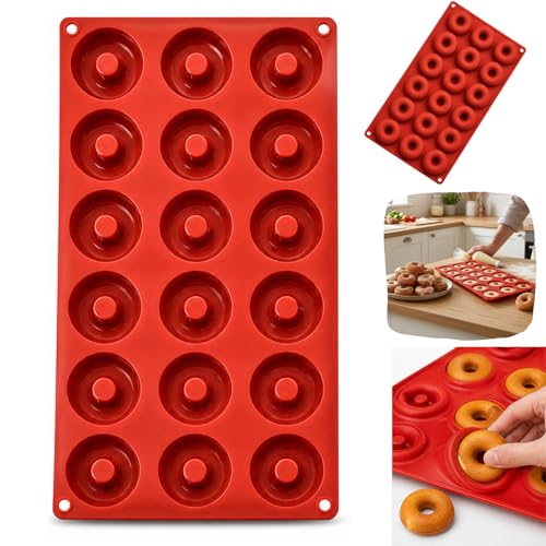 HOVUK 18 Cavity Silicone Donut Mould Non Stick Mini Doughnut Baking Tray Flexible Reusable Baking Mold for Oven Microwave Freezer Dishwasher Safe Cake Biscuit Chocolate Maker