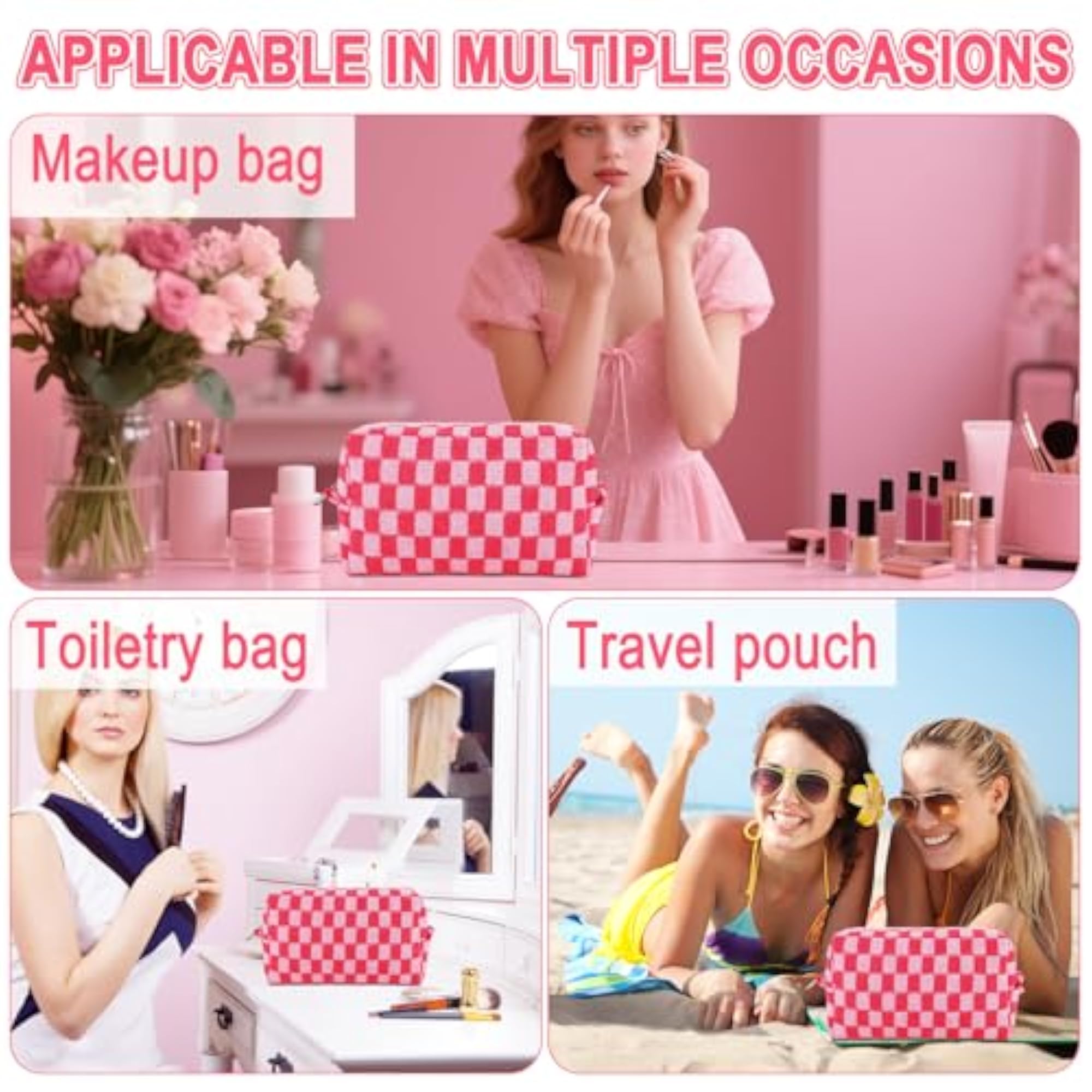 Checkered Makeup Bag for Women, Travel Toiletry Bags Set