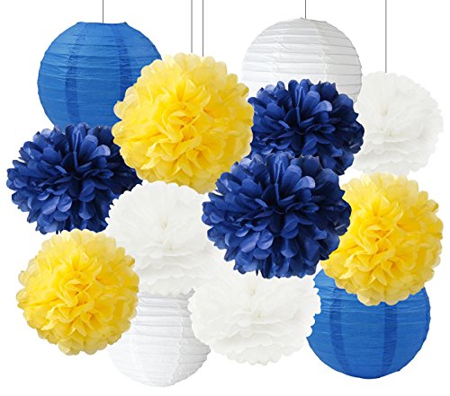 Furuix White Blue Yellow 2025 Graduation Party Decorations Paper Lanterns for Navy Blue Party Wedding, Bridal Shower, Baby Shower Decorations/Class of 2025 Decorations (Navy White Yellow)