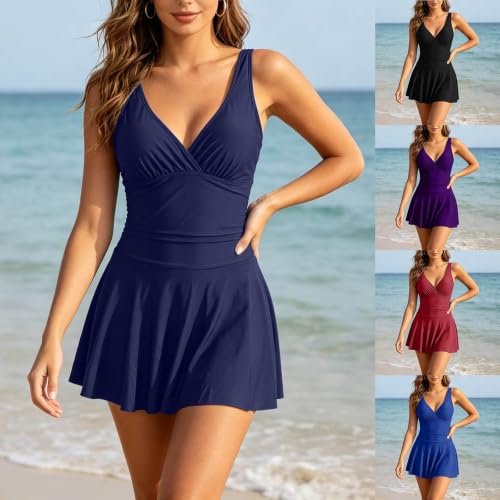 Traje de baño de una pieza con cuello en V y falda ajustable para mujer negro 2