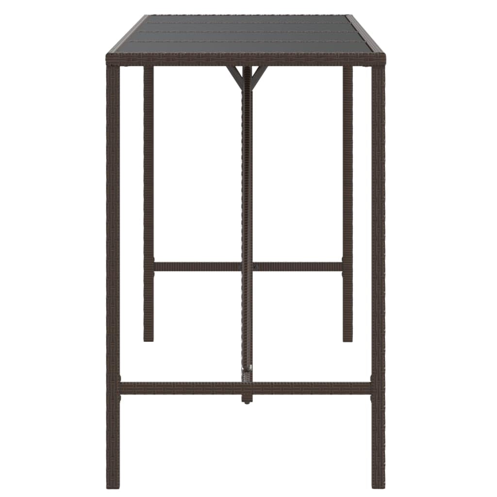 Mesa de bar con tablero de cristal marrón, 180 x 70 x 110 cm, ratán sintético, resistente a la intemperie, mesa alta con marco de acero pulverizado y placa de cristal templado para terraza