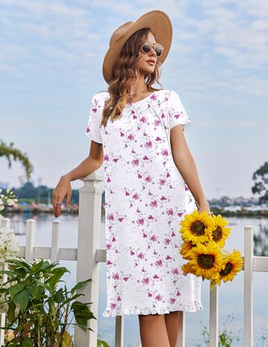 Image of Ekouaer Nightgowns for Women with Pockets Button Front Short Sleeve House Dresses Floral Print Mumu Dress