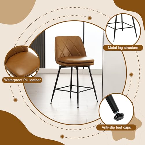 Image of Swivel Bar Stools Set of 2, Swivel Counter Height Bar Stools Set with Metal Legs and Upholstered Faux-Leather Seats, Modern Bar Stool with Back for Kitchen Island (A26 H, Brown)
