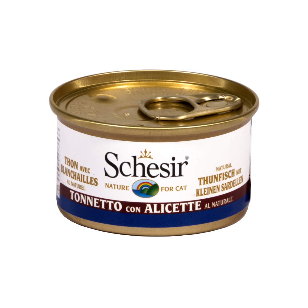 Schesir, Natvoer voor volwassen katten, bakorettesmaak met garnalen op filets en zachte gelatine, in totaal 2 kg (24 blikjes x 85 g