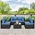 JAMFLY Patio Furniture Sets, 5 Pieces Outdoor Furniture Patio Sectional Sofa Set, Black Wicker Rattan Conversation Sets with Glass Table and Cushions, Aegean Blue