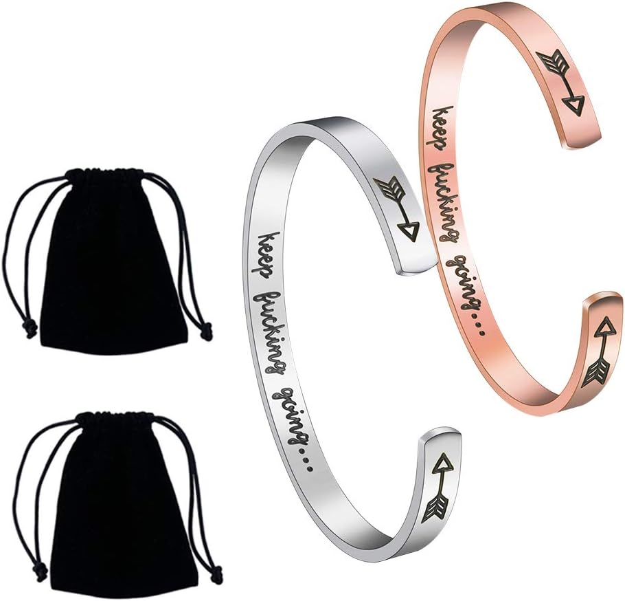 QincLing 2 Pack Inspirational Bracelets, Keep Going Bracelet Magnetic Bracelets Personalised Gifts Cuff Wristband Stainless Steel Bracelet Open Banglen Encouragement Gifts for Women Men