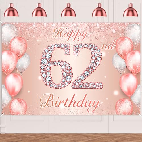 Image of Happy 62nd Birthday Rose Gold Banner Cheers to 62 Years Old Backdrop Confetti Balloons Theme Decor for Women 62 Years Old Pink Birthday Party Decorations Bday Supplies Background Favors Gift Glitter