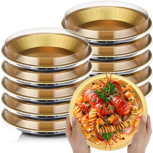 Ferrochef 9 Inch Heavy Duty Aluminum Pie Tins Bulk with Lid Oven and Freezer Safe Disposable Pie Pizza Pan Dessert Baking Cups for BBQ Camping Graduation Fathers Day Party Favors(10 Pack Black Gold)