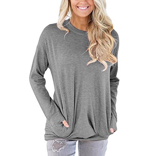 Women Tops,kaifongfu Casual Long Sleeve Cotton Solid Loose Pockets T-Shirt Blouses (XL, Grey)