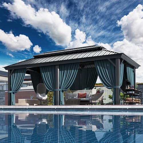 Image of HOTEEL 12x20 Gazebo with Metal Roof Heavy Duty Gazebo with Flame-Retardant Curtain and Netting, Hot Tub Gazebos with Galvanized Steel Double Roof, Outdoor Canopy for Patio and Party (Upgraded 3.0)