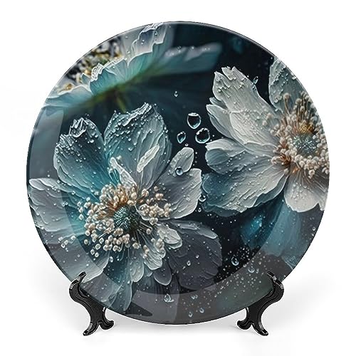 Gokays Platos decorativos para colgar en la pared, plato de cerámica de flor de agua de cuento de hadas, placa tambaleante con soporte de exhibición, decoración del hogar para armarios de cocina,