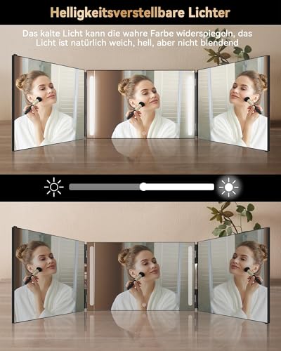 JUSRON 360 Grad Spiegel mit Licht, Klappspiegel 3 Teilig Haare Selbst Schneiden, Höhenverstellbarer&Wiederaufladbarer Kosmetikspiegel Rasierspiegel Friseurspiegel für Makeup Rasieren Frisieren 5