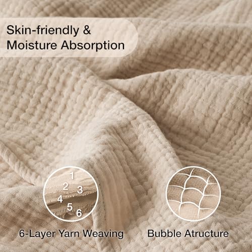Image of 100% Cotton Muslin Blanket Queen 90 inch x 90 inch, 6 Layers Breathable and Lightweight Cotton Throw Blanket for Bed, Soft Quilt Bedspread Coverlet, Gauze Blanket for Adults All Season, Beige Linen