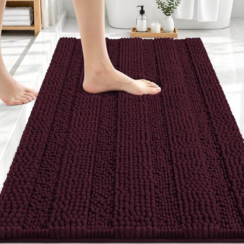 Image of OLANLY Thick Bathroom Rugs 30x20, Extra Soft Absorbent Chenille Striped Bath Rugs, Rubber Backing, Machine Wash Dry, Bath Mats for Bathroom Floor, Tub and Shower, Home Decor Accessories, Black Cherry