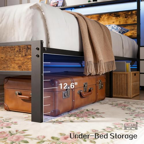 Image of Liians King Size Bed Frame with Storage Headboard, LED Lights | USB Type C Charging Station, Heavy Duty Metal Platform, No Box Spring Needed, Noise Free, Easy Assembly