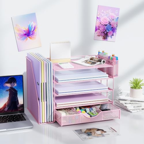 Image of gianotter 5-Tier Desk Organizer with Drawers and File Holders | Letter Trays and Pen Holders - Workspace Accessories for Office Supplies (Pink)