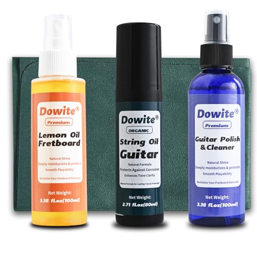 Dowite Guitar Cleaning Kit - 4 in 1 Guitar Care Kit with 100ml Fretboard Lemon Oil, 100ml Polish&Cleaner, 80ml String Anti-Rust Oil and 29x29cm Cloth - for Acoustic, Electric Guitar, Bass, Ukulele
