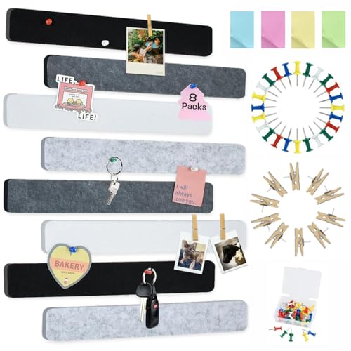 Vuzvuv 8 pcs Bulletin Board Bar Strips with 50 Pushpins & 10 Wooden Clip pins,Self Adhesive Cork Board for Wall,Felt Pin Board for School,Office Decor(Black White Grey)