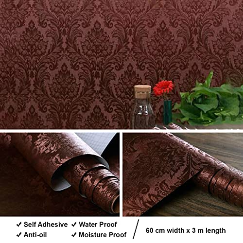Wolpin Wall Stickers DIY Damask Botanical Wallpaper (60 x 300 cm) Self Adhesive Living Room Decals Home Interior Decoration, Brown