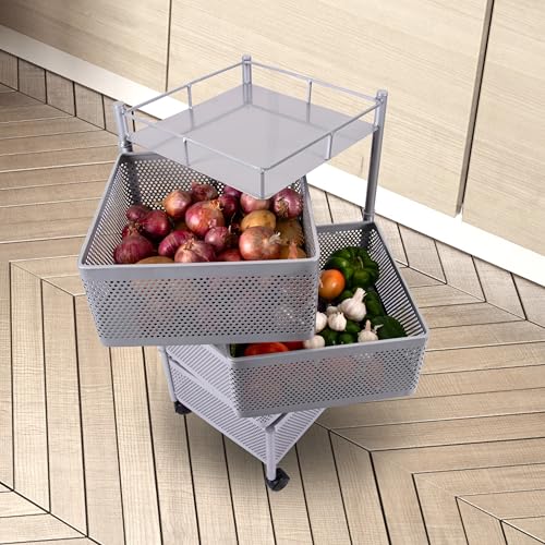 Image of KITCHIVO Kitchen Storage Rack | Revolving Vegetable Rack | Square Multipurpose Storage Trolley with Wheels | Metal Fruit Rack (Silver, 4 Layer)