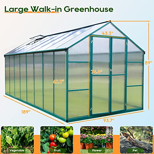 Onlyctr Aluminum Greenhouse For Outdoors 8'X16' , Polycarbonate Green Greenhouse With Adjustable Roof Vent And Rain Gutter, Outdoor Hobby Greenhouses For Backyard Plants Flowers Vegetables (8’ X 16‘) #TOP6