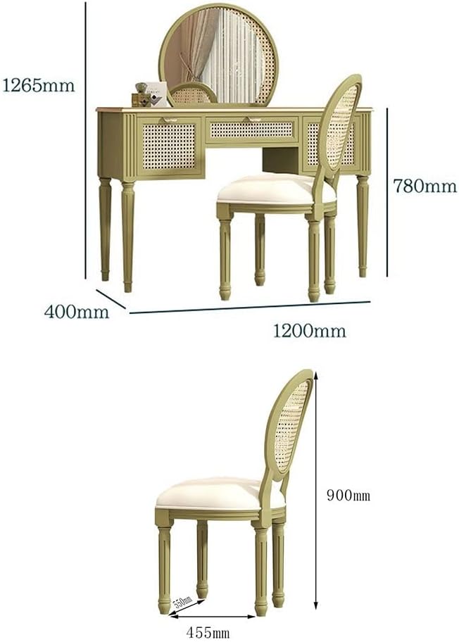 メイクアップバニティラタンドレッサー大型収納メイクアップテーブル大きなミラー3つの引き出し真鍮リーフハンドルメイクアップデスク(B)
