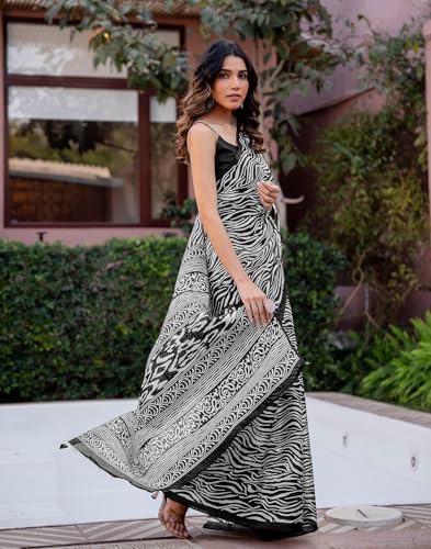 Image of SIRIL Women's Cotton Printed Saree with Unstitched Blouse Piece
