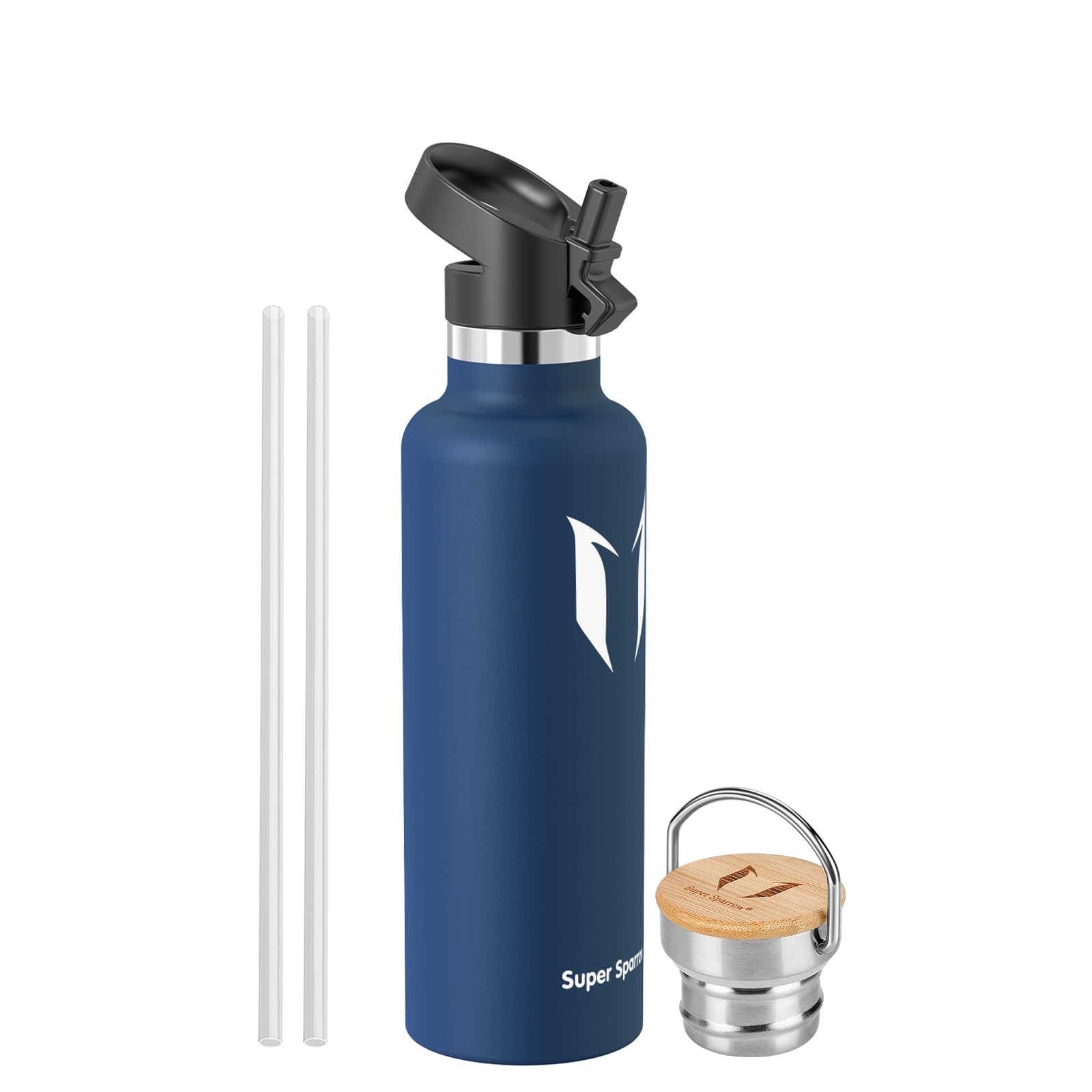 Super Sparrow Water Bottle Stainless Steel - 350ml/500ml/620ml/750ml/1L- Insulated Metal Water Bottles - Standard Mouth Flask - BPA Free - Straw Bottle for Work, Gym, Sports - 2 Lids