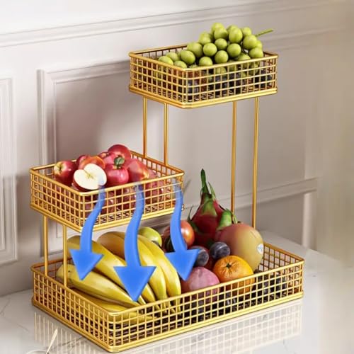 Image of 4 Tier Fruit Basket for Kitchen | Space Saving Decorative Kitchen Organizer | Multi-Layer Dining Table Organizer for Fruits, Snacks & Jars (3 Tier - Gold)