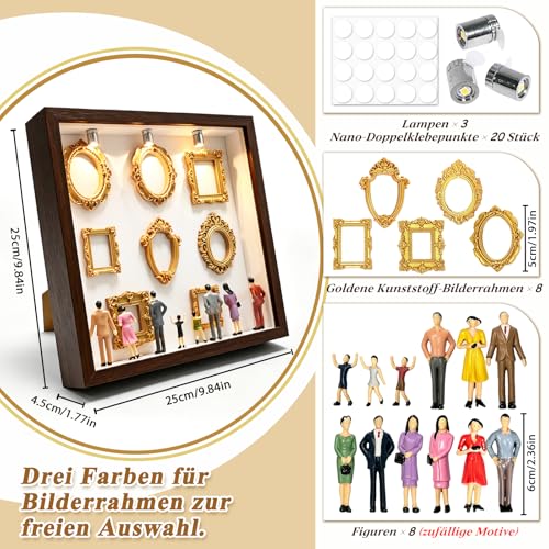 DIY Mini Museum Silhouetten Box mit LED, Mini Bilderrahmen Vintage, Shadow Box Bilderrahmen Set, Foto Erinnerungsanzeige Set mit 8 Mini-Goldrahmen 8 Figuren für Jahrestag, Hochzeit(Schwarznussbraun)