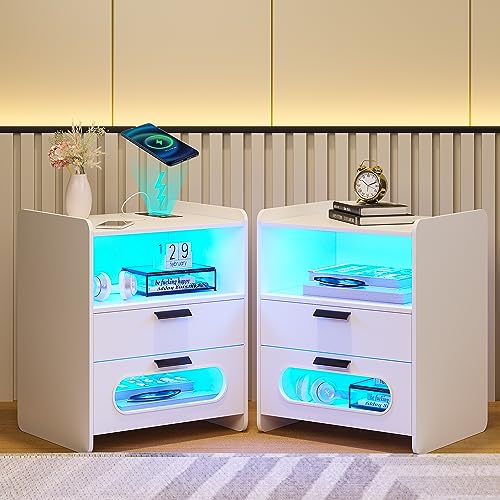 HNEBC Night Stand with Gun Drawers, Farmhouse Nightstand with Charging Station, Secret Bedside tabel with 3 Color Auto Light, Smart End Table with Hidden Storage for Bedroom Furniture-White