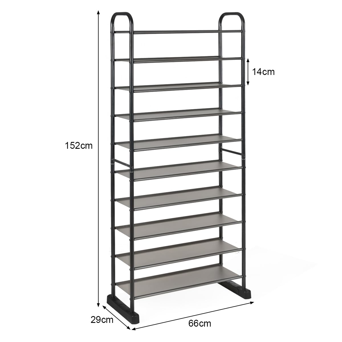 HOMASIS Étagère à chaussures à 10 étagères, étagère à chaussures en métal, jusqu'à 30 paires de chaussures, pour salon, entrée, couloir, 66 x 29 x 152 cm, noir